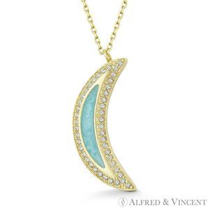 Crescent Moon Charm Jade, Pearl, or Lapis & CZ Pendant in .925 Sterling Silver